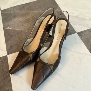 BANDOLINO REPTILE PRINT SLING BACK KITTEN HEELS DARK BROWN 7.5